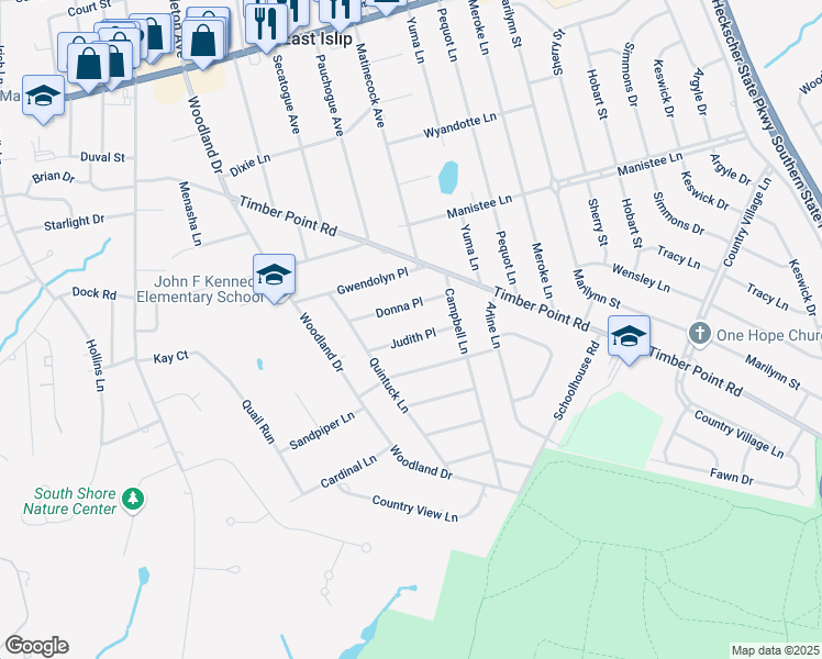 map of restaurants, bars, coffee shops, grocery stores, and more near 19 Judith Place in East Islip