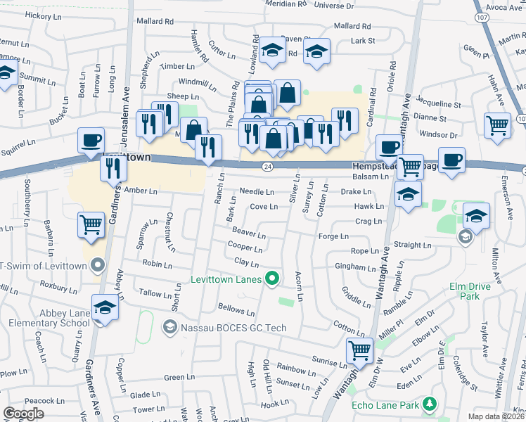 map of restaurants, bars, coffee shops, grocery stores, and more near 34 Cove Lane in Levittown