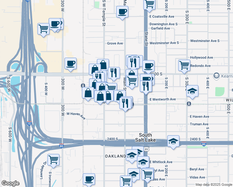 map of restaurants, bars, coffee shops, grocery stores, and more near 2200 South Main Street in South Salt Lake
