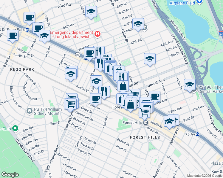 map of restaurants, bars, coffee shops, grocery stores, and more near 104-20 Queens Boulevard in Queens