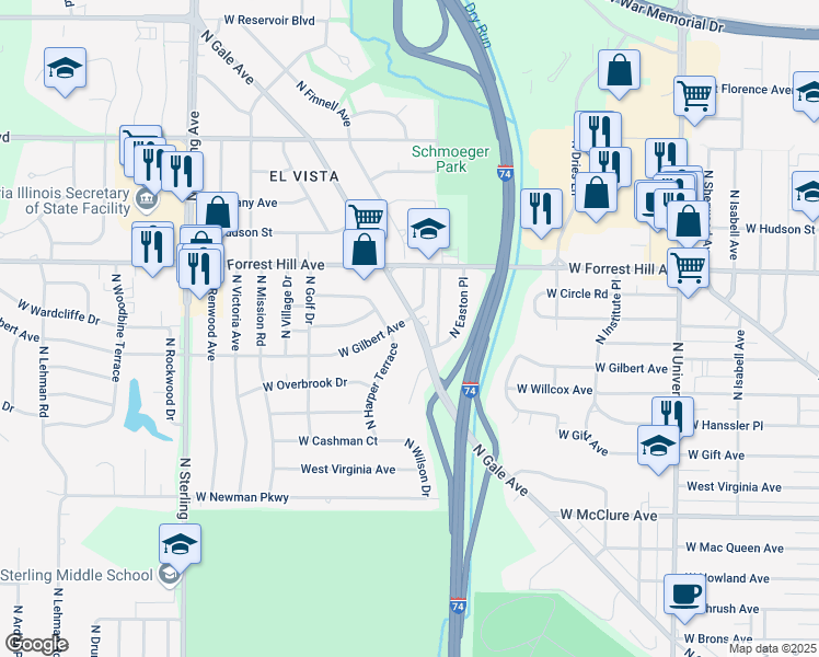 map of restaurants, bars, coffee shops, grocery stores, and more near 1908 West Gilbert Avenue in Peoria