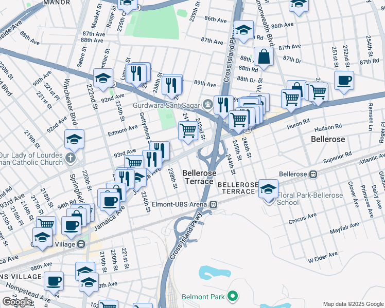 map of restaurants, bars, coffee shops, grocery stores, and more near 24040 Jamaica Avenue in Floral Park