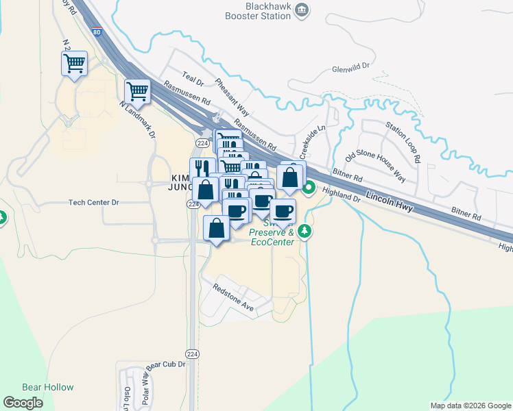 map of restaurants, bars, coffee shops, grocery stores, and more near 6440 Utah 224 in Park City