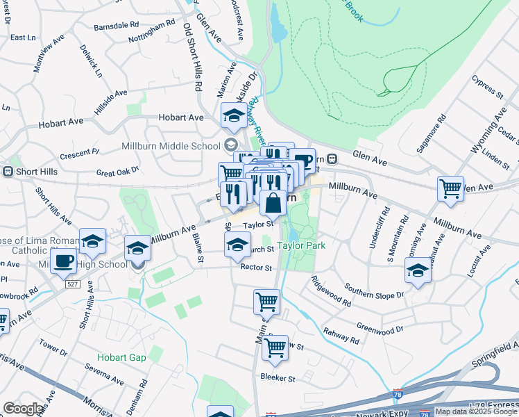 map of restaurants, bars, coffee shops, grocery stores, and more near 358c Millburn Avenue in Essex County