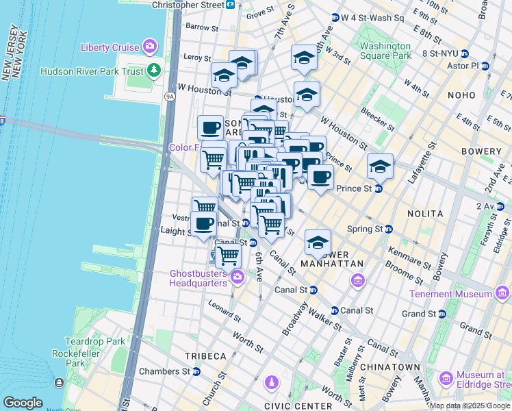 map of restaurants, bars, coffee shops, grocery stores, and more near 101 6th Avenue in New York