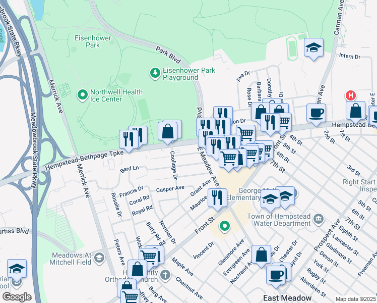 map of restaurants, bars, coffee shops, grocery stores, and more near 1861 Stone Avenue in East Meadow