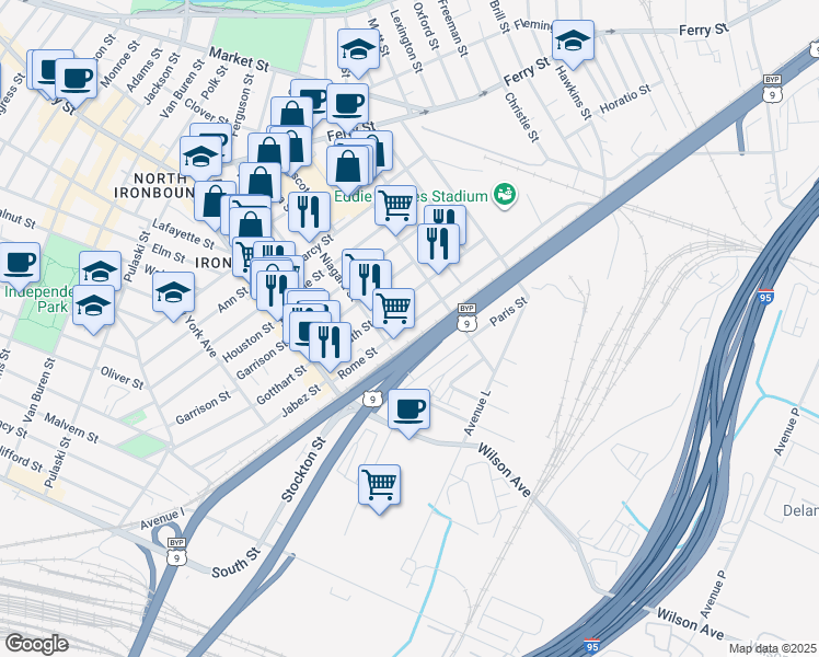 map of restaurants, bars, coffee shops, grocery stores, and more near 75 Rome St in Newark