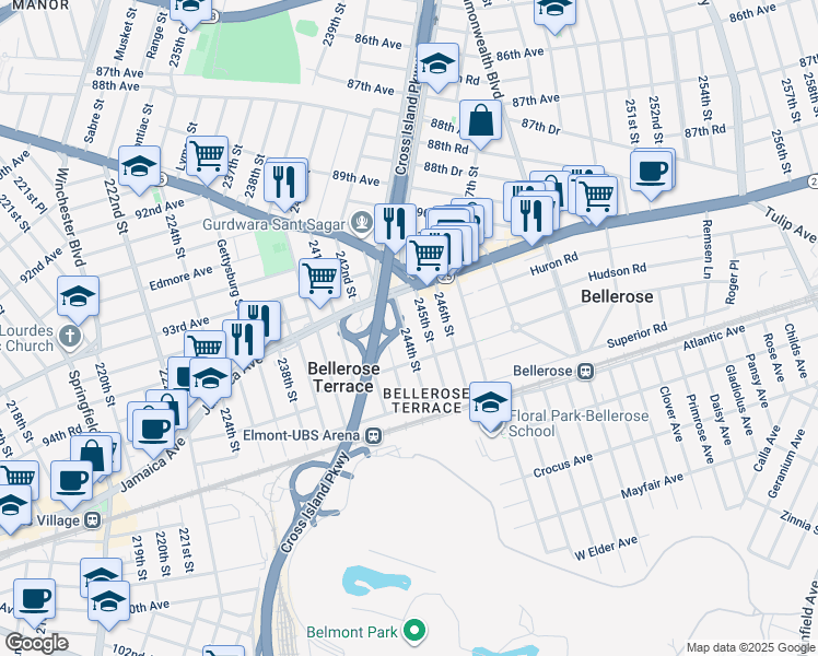 map of restaurants, bars, coffee shops, grocery stores, and more near 9231 244th Street in Floral Park