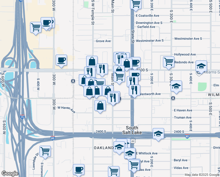 map of restaurants, bars, coffee shops, grocery stores, and more near 2195 Main Street in South Salt Lake