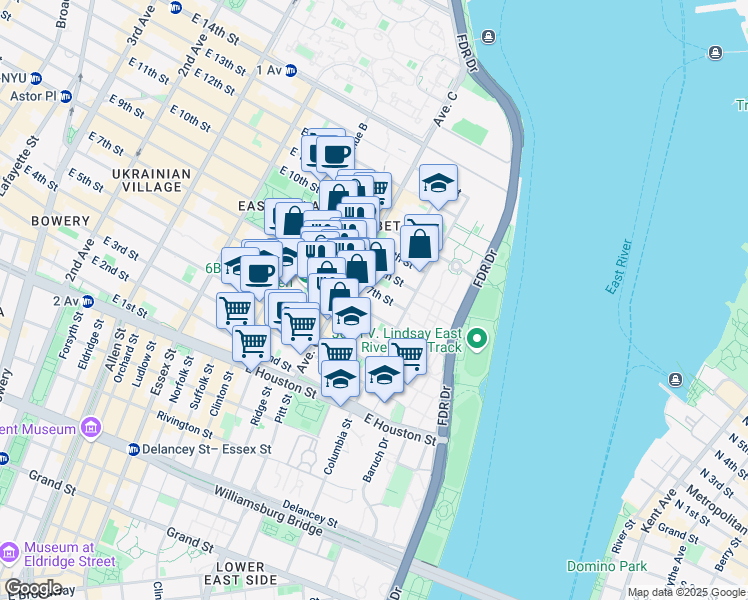 map of restaurants, bars, coffee shops, grocery stores, and more near 19 Loisaida Avenue in New York