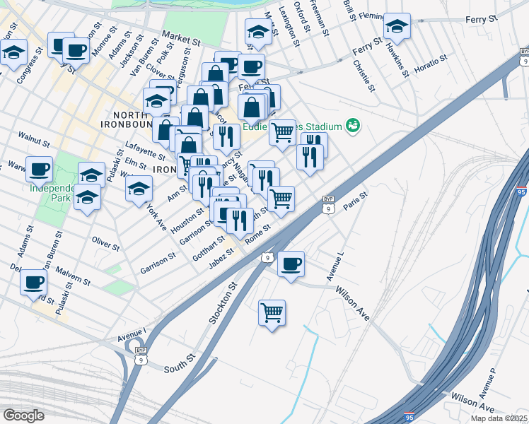 map of restaurants, bars, coffee shops, grocery stores, and more near 55 Kossuth Street in Newark