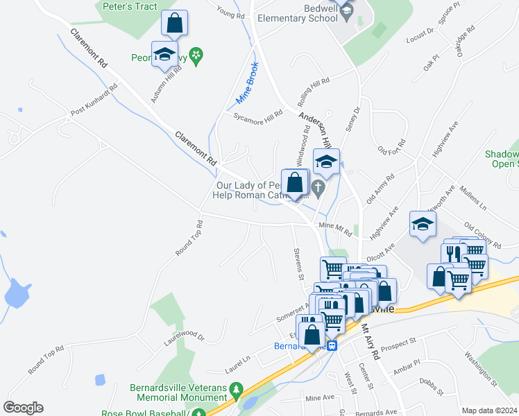 map of restaurants, bars, coffee shops, grocery stores, and more near 16 Thompson Street in Bernardsville