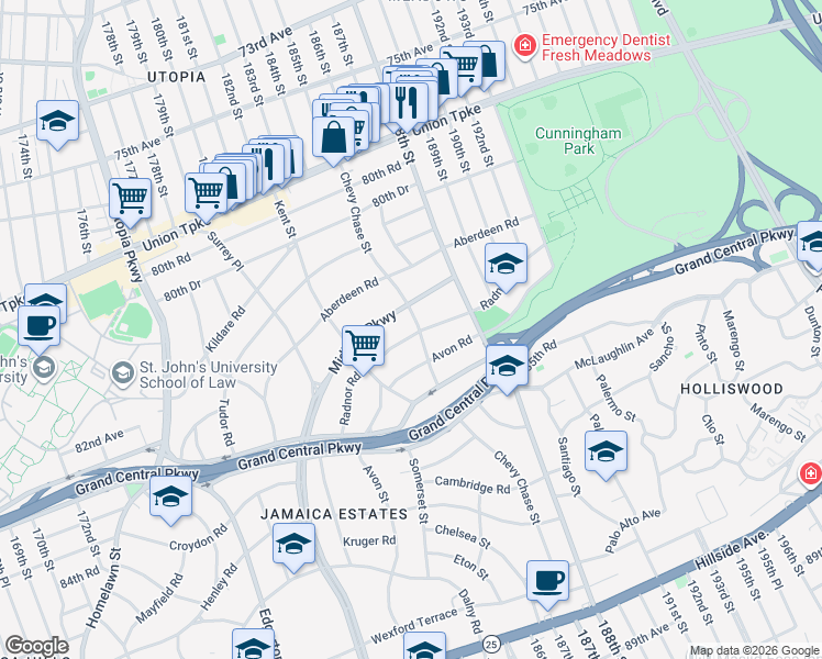 map of restaurants, bars, coffee shops, grocery stores, and more near 83-11 Chevy Chase Street in Queens