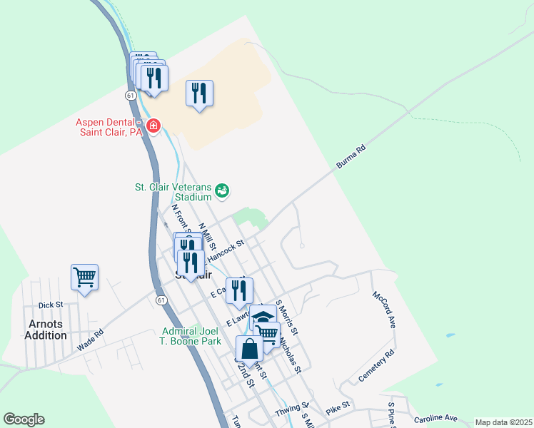 map of restaurants, bars, coffee shops, grocery stores, and more near 419 East Hancock Street in Saint Clair