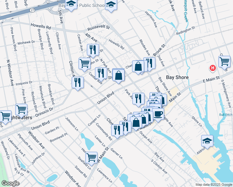 map of restaurants, bars, coffee shops, grocery stores, and more near 75 Smith Avenue in Bay Shore