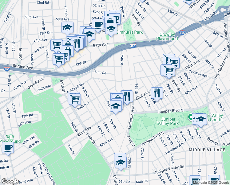 map of restaurants, bars, coffee shops, grocery stores, and more near 60-18 74th Street in Queens