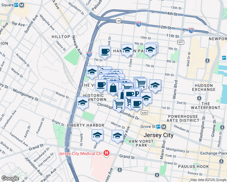 map of restaurants, bars, coffee shops, grocery stores, and more near 270 Newark Avenue in Jersey City
