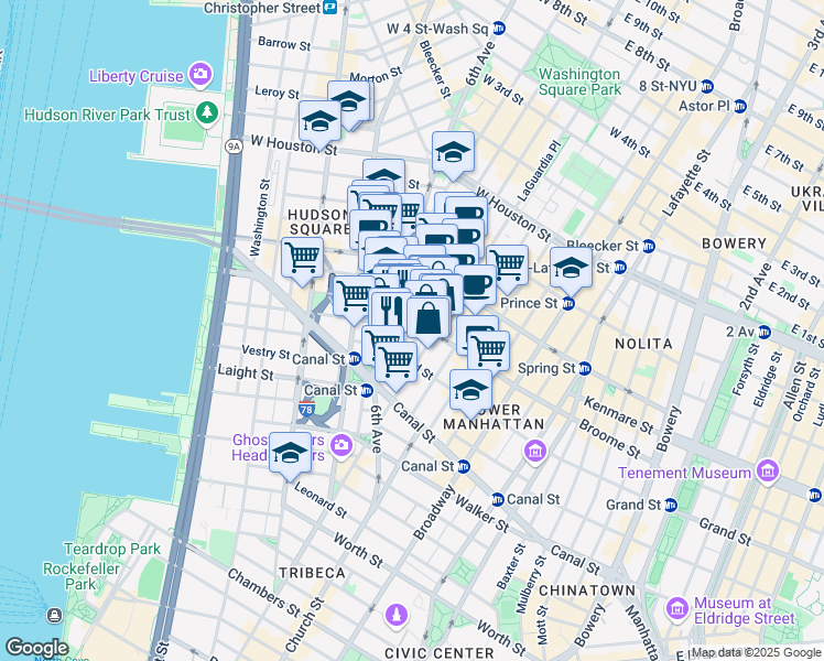 map of restaurants, bars, coffee shops, grocery stores, and more near Watts St & Thompson St in New York