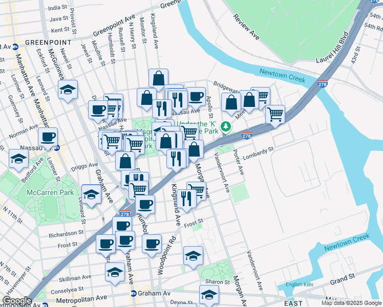 map of restaurants, bars, coffee shops, grocery stores, and more near 23 Driggs Avenue in Brooklyn