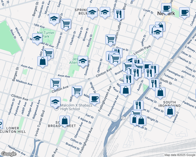 map of restaurants, bars, coffee shops, grocery stores, and more near 186 Clinton Avenue in Newark