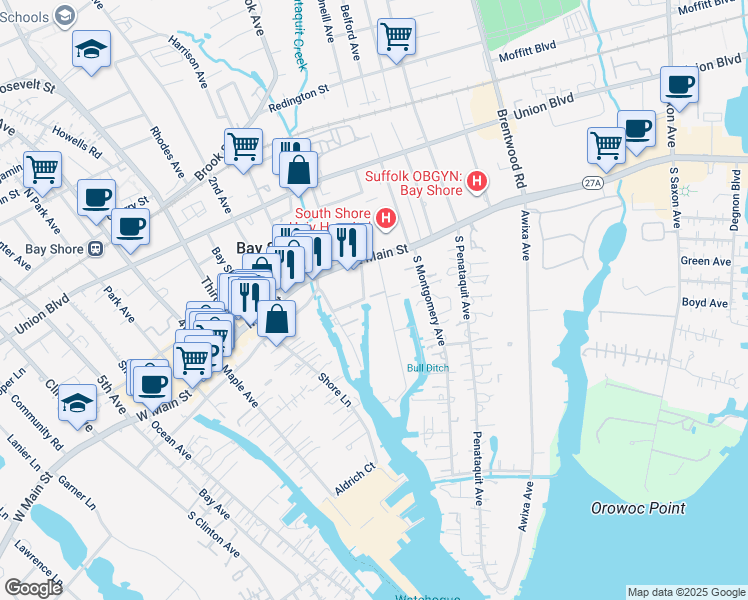 map of restaurants, bars, coffee shops, grocery stores, and more near 22 Mowbray Avenue in Bay Shore