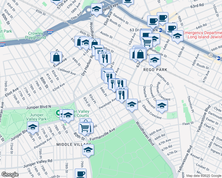 map of restaurants, bars, coffee shops, grocery stores, and more near 63-30 Woodhaven Boulevard in Queens