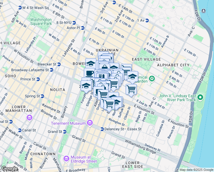 map of restaurants, bars, coffee shops, grocery stores, and more near 105 East 2nd Street in New York