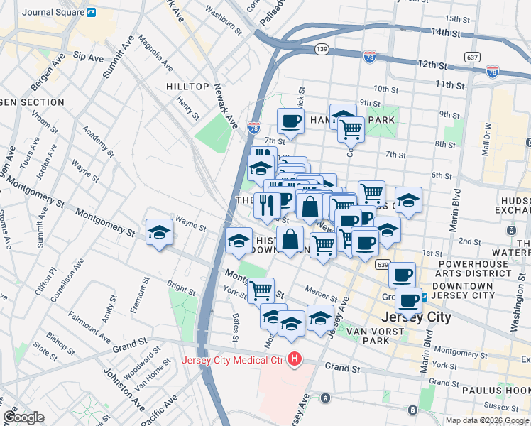 map of restaurants, bars, coffee shops, grocery stores, and more near in Jersey City
