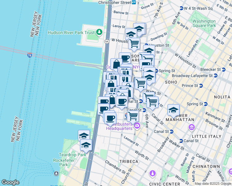 map of restaurants, bars, coffee shops, grocery stores, and more near Desbrosses Street in New York