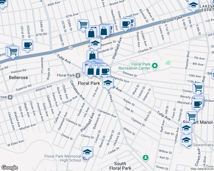 map of restaurants, bars, coffee shops, grocery stores, and more near 21 Floral Parkway in Floral Park