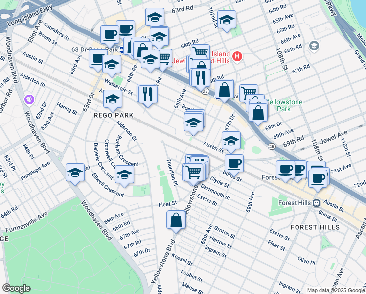 map of restaurants, bars, coffee shops, grocery stores, and more near 66-31 Burns Street in Queens