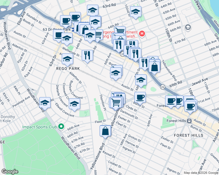map of restaurants, bars, coffee shops, grocery stores, and more near 97-07 67th Avenue in Queens