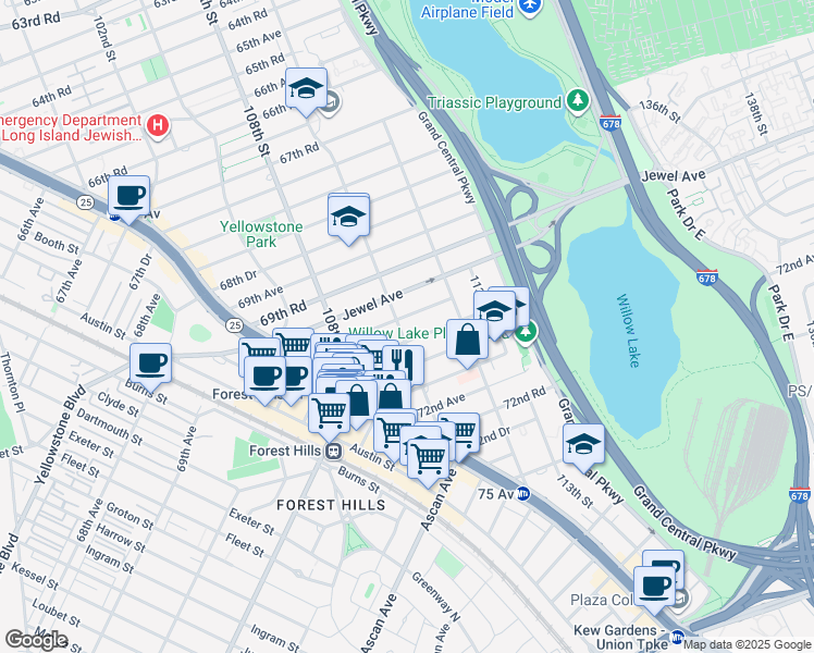 map of restaurants, bars, coffee shops, grocery stores, and more near 70-07 110th Street in Queens