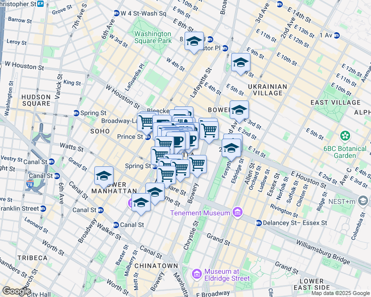 map of restaurants, bars, coffee shops, grocery stores, and more near 252 Mott Street in New York