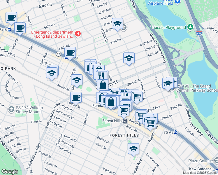 map of restaurants, bars, coffee shops, grocery stores, and more near 69-40 Yellowstone Boulevard in Queens