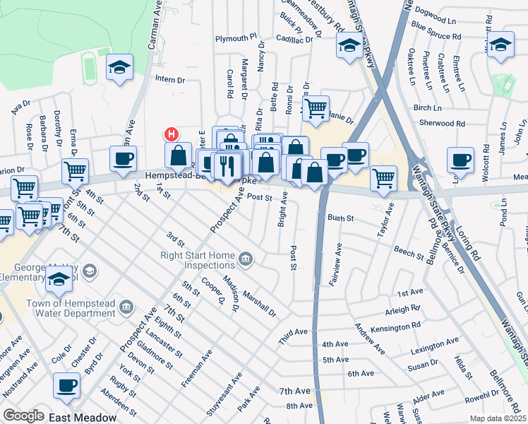 map of restaurants, bars, coffee shops, grocery stores, and more near 2199 Mcclellan Street in East Meadow