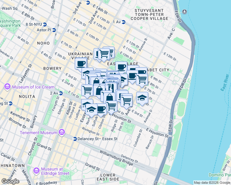 map of restaurants, bars, coffee shops, grocery stores, and more near 50-52 Avenue B in New York