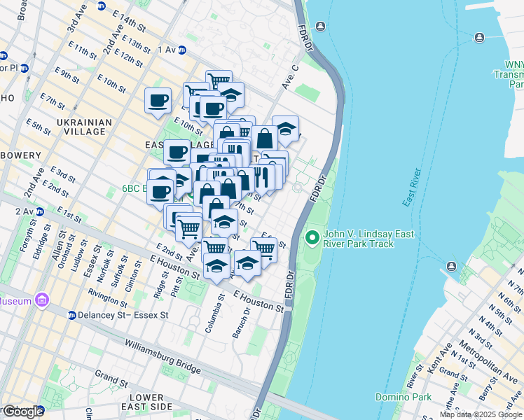 map of restaurants, bars, coffee shops, grocery stores, and more near 101 Avenue D in New York