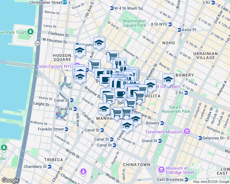 map of restaurants, bars, coffee shops, grocery stores, and more near 114 Spring Street in New York