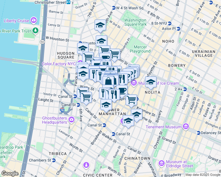 map of restaurants, bars, coffee shops, grocery stores, and more near 71 Greene Street in New York