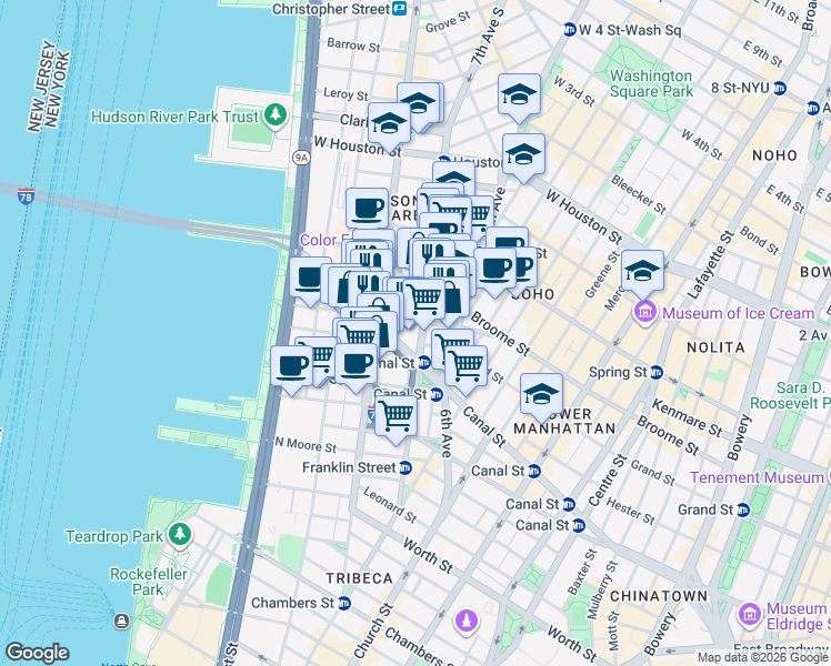 map of restaurants, bars, coffee shops, grocery stores, and more near 75 Varick Street in New York