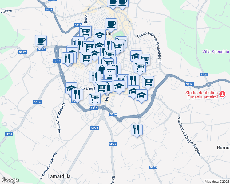 map of restaurants, bars, coffee shops, grocery stores, and more near 36 Via Monsignor G. Livrani in Ostuni