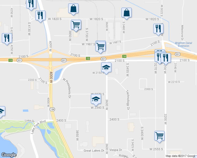 map of restaurants, bars, coffee shops, grocery stores, and more near 2220 3600 West in West Valley City