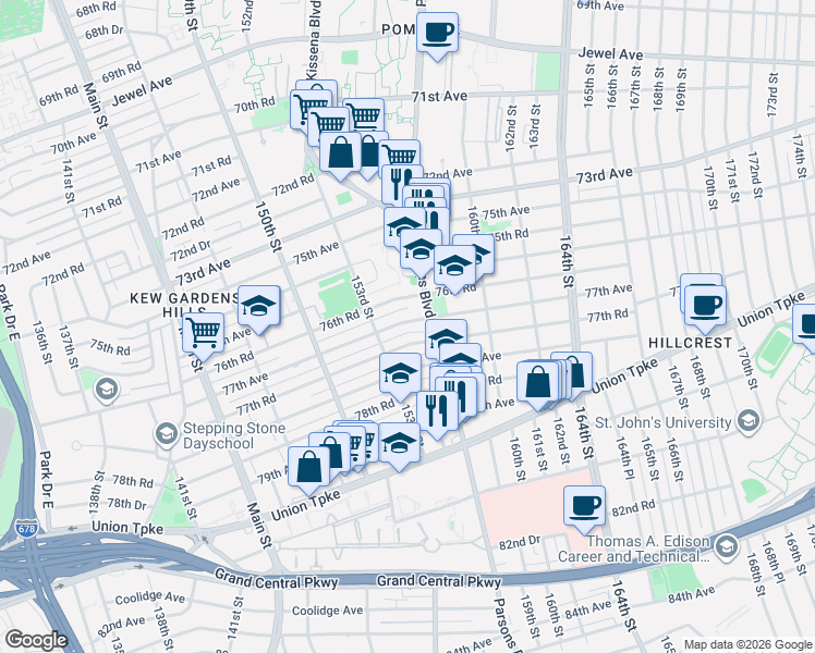 map of restaurants, bars, coffee shops, grocery stores, and more near 153-13 77th Avenue in Queens