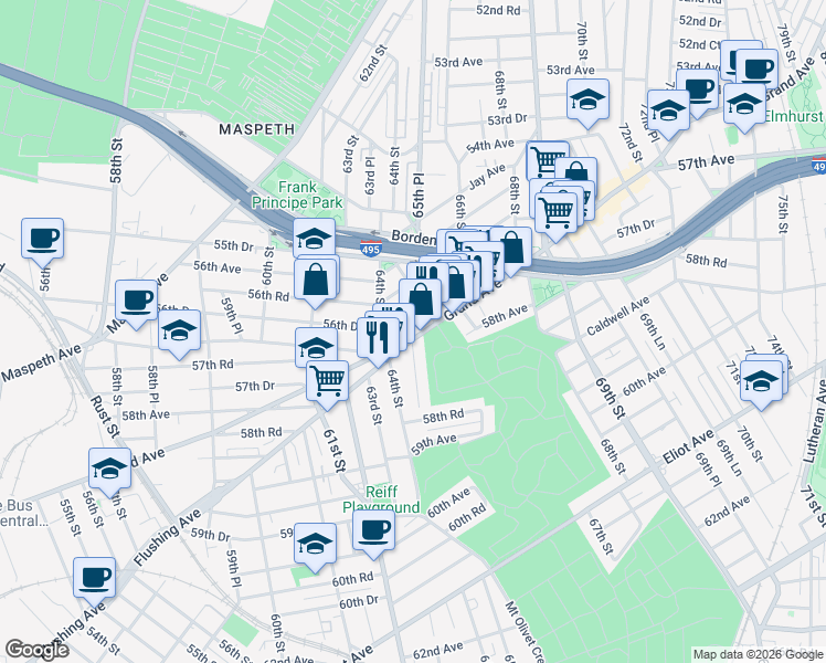 map of restaurants, bars, coffee shops, grocery stores, and more near 65-17 Grand Avenue in Queens