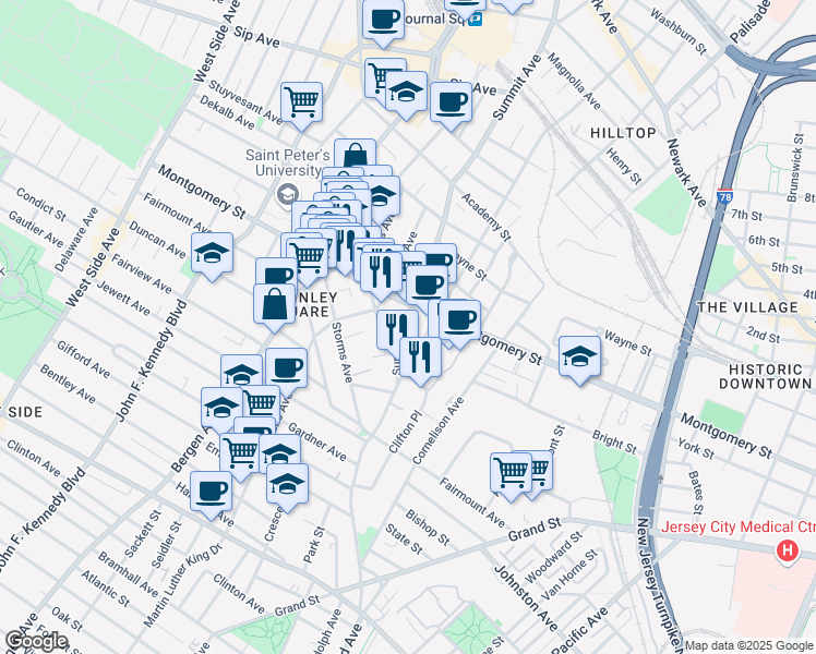 map of restaurants, bars, coffee shops, grocery stores, and more near 246 Summit Avenue in Jersey City