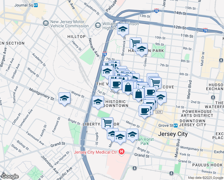 map of restaurants, bars, coffee shops, grocery stores, and more near 412 2nd Street in Jersey City