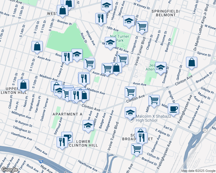 map of restaurants, bars, coffee shops, grocery stores, and more near 162 Jelliff Avenue in Newark