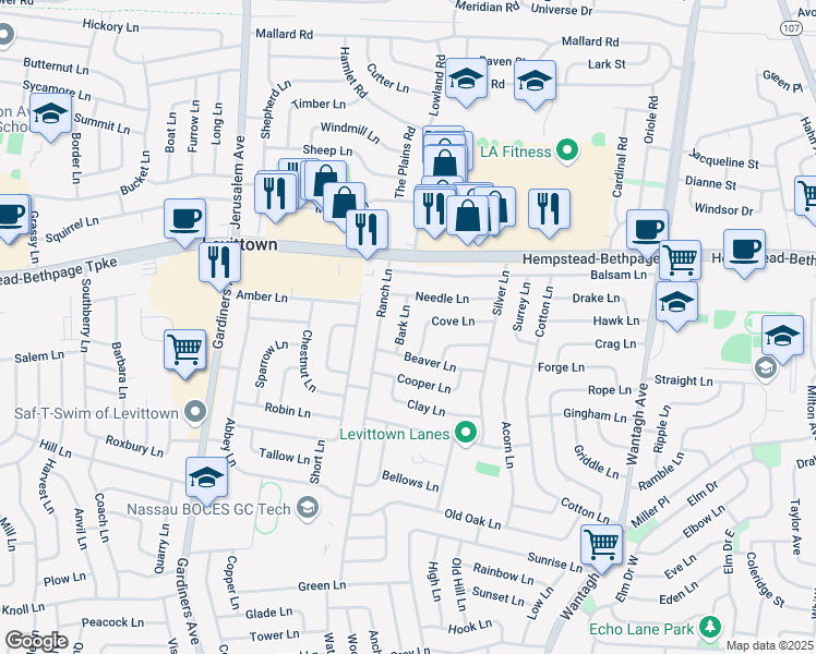map of restaurants, bars, coffee shops, grocery stores, and more near 15 Bark Ln in Levittown