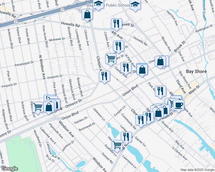 map of restaurants, bars, coffee shops, grocery stores, and more near 90 North Clinton Avenue in Bay Shore